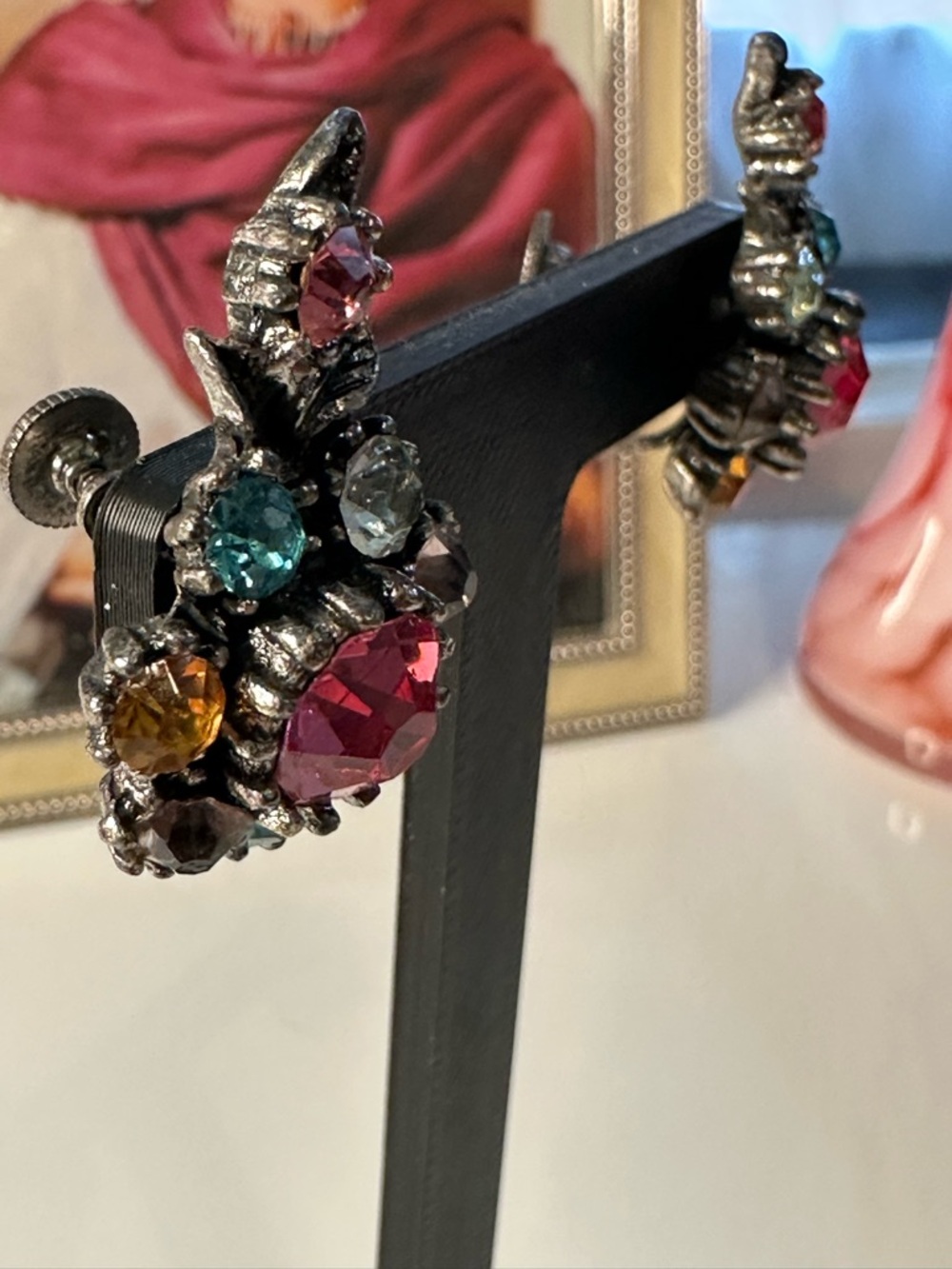 Vintage Coro Rhinestone Earrings Screw Back Multi Color Floral Cluster 1950s - Picture 16 of 16